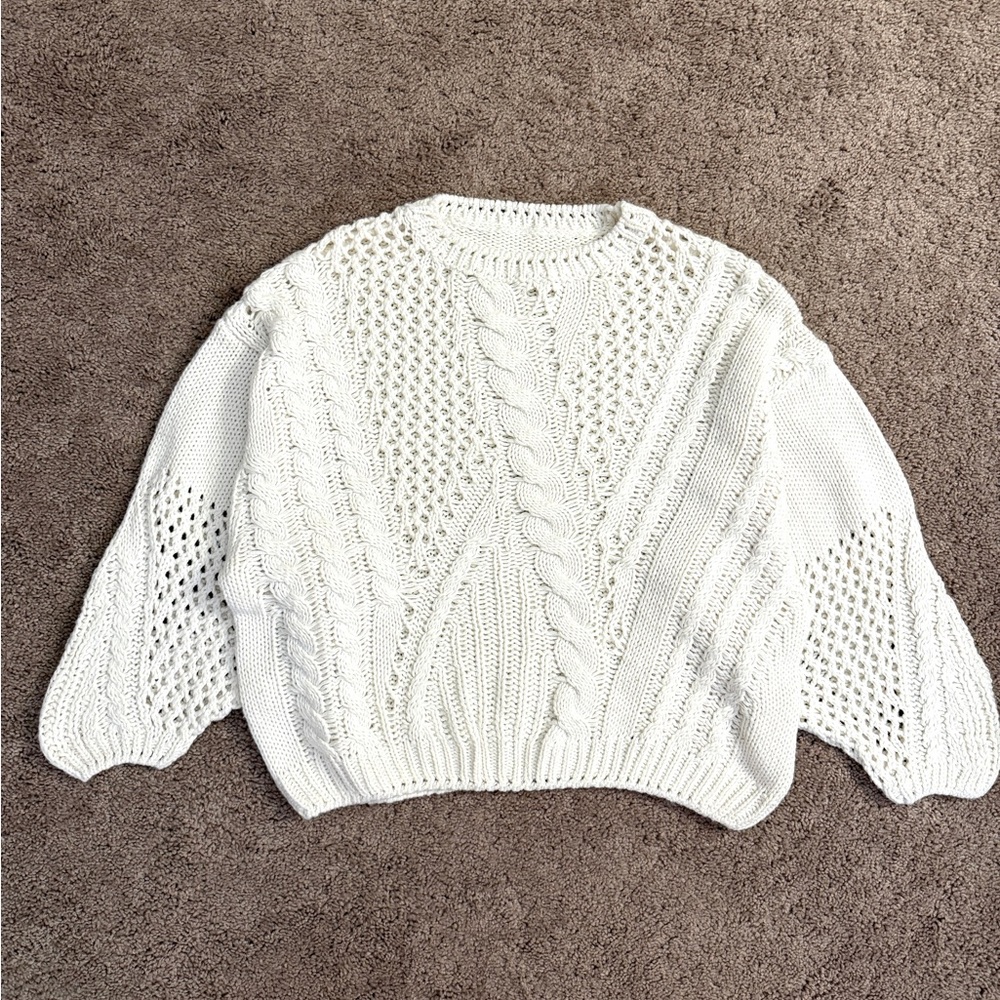 Knit Cable Sweater Women size S/M White 3/4 Dolman Long Sleeve Crew Neck